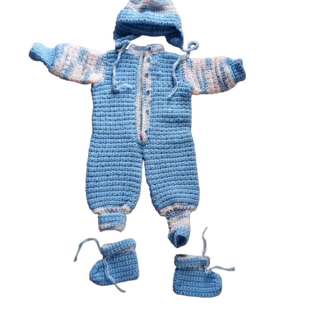 Vintage Baby Bodysuit Onesie with Booties and Hat Crochet Blue, White & Pink